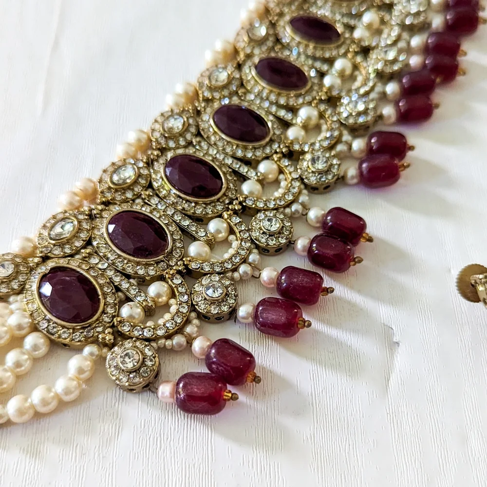 Indian Pakistani Bridal Jewelry Set, 5-Piece - Maroon / Pearl - Picture 3 of 11